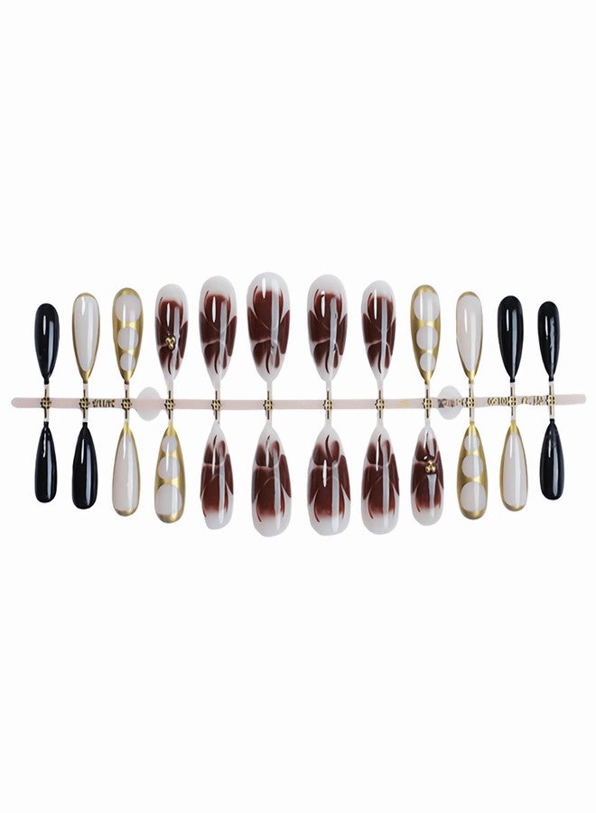 MISUD Press on Nails - Medium Almond Glue on Nails with Fall Brown, Acrylic Gold Chrome Design 24 pcs - Image 2